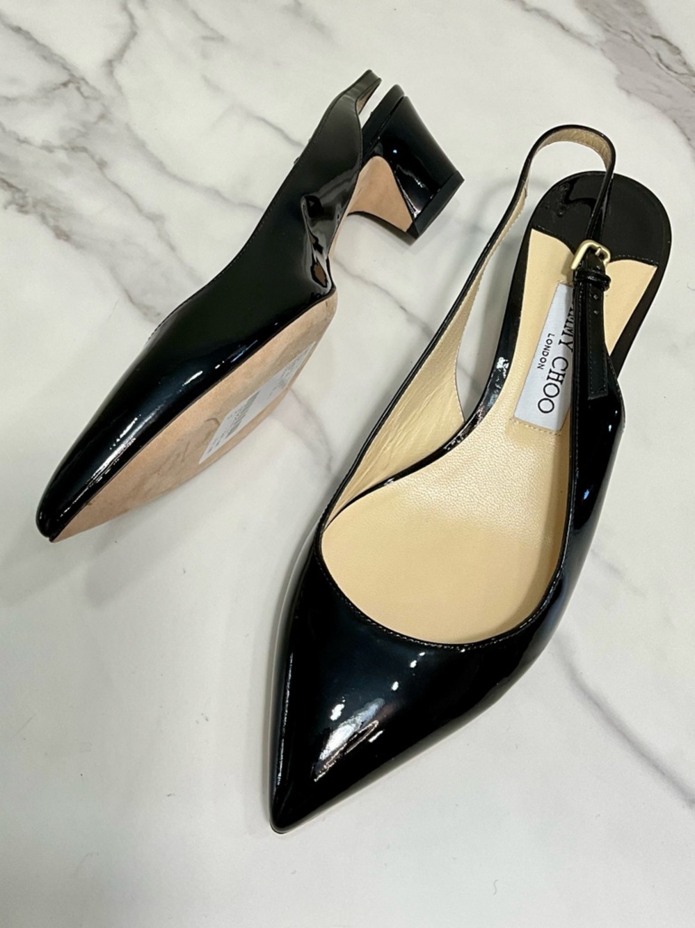 JIMMY CHOO Gemma Black Patent Leather Slingback Pumps Pointed Toe Block Heel 39.